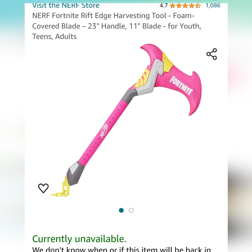 Nerf Fornite foam and plastic axe